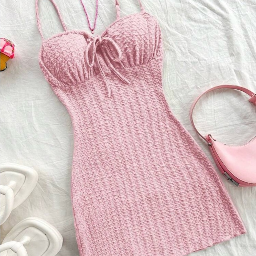 SHEIN Pink Mini Dress - fitted textured fabric dress